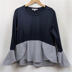 Marled Jersey Top Striped Flounce Hem Long Sleeve Tulip Cuff Mixed Media Blue L